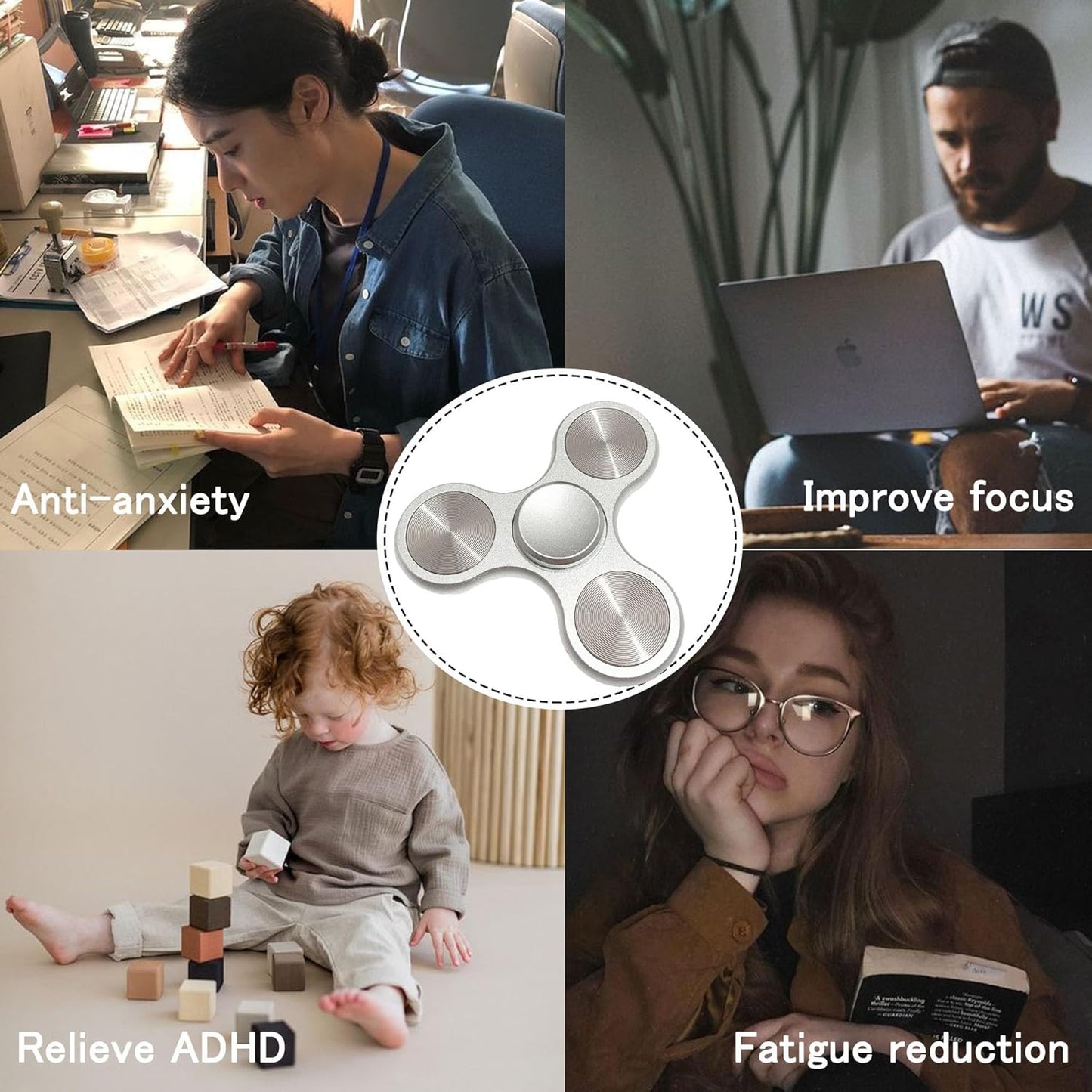 Fidget Spinners Toy Ultra Durable Stainless Steel Bearings High Speed 3-6 Min Spins Metal Material Hand Spinner ADHD Focus Anxiety Toys Stress Relief Reducer Fidget Spinner for Kids Adults Silver