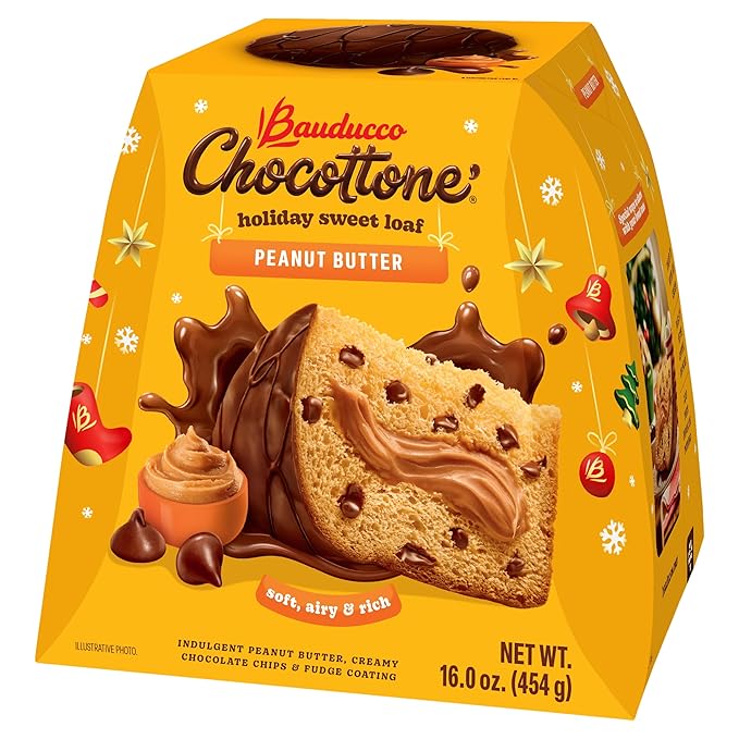 Bauducco Chocottone Peanut Butter - Moist & Fresh Cake, Traditional Italian Recipe with Fudge Topping, Filled with Peanut Butter and Chocolate Chips, 16.0 oz (Pack of 1)