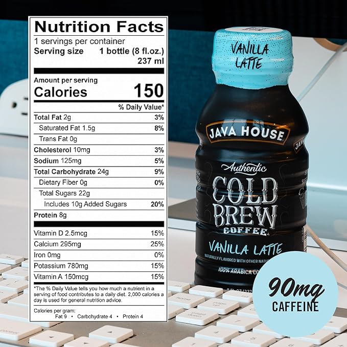 Java House Cold Brew Coffee, 6 Pack of 8oz Bottles, Ready to Drink Instant Cold & Iced Coffee (Vanilla Latte)