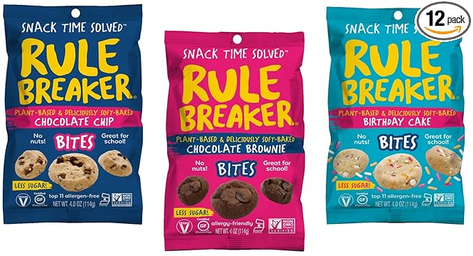 Rule Breaker Vegan & Gluten Free Cookies | Variety Pack Brownie Bites | Plant-Based, Dairy, Nut, Soy, Allergen Free, Kosher | Soft-Baked School Snacks Cookies for Kids and Adults (Pack of 12)