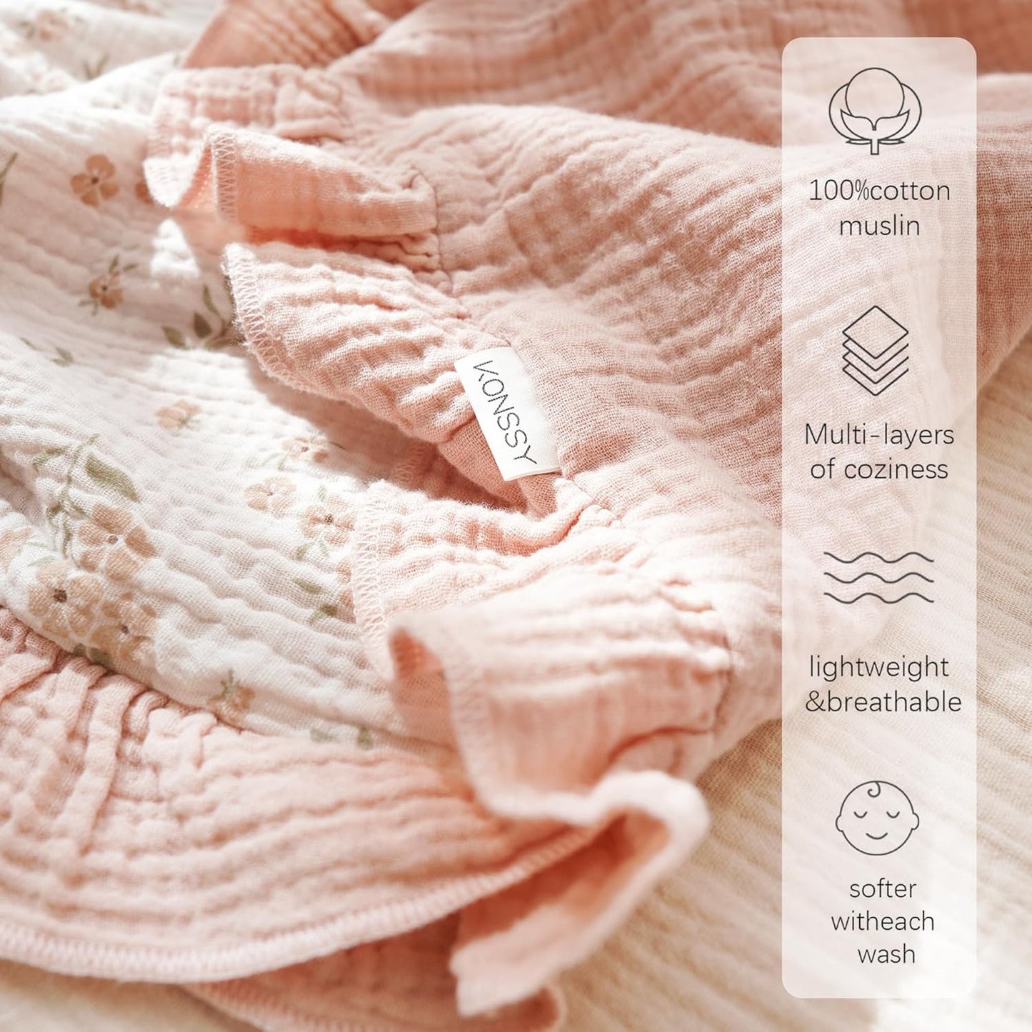 Konssy Flounce Muslin Baby Blankets, Cotton Crib Blanket for Baby Infant Toddler, Super Soft and Lightweight Nursery Blankets 40"x36" (Blossom)