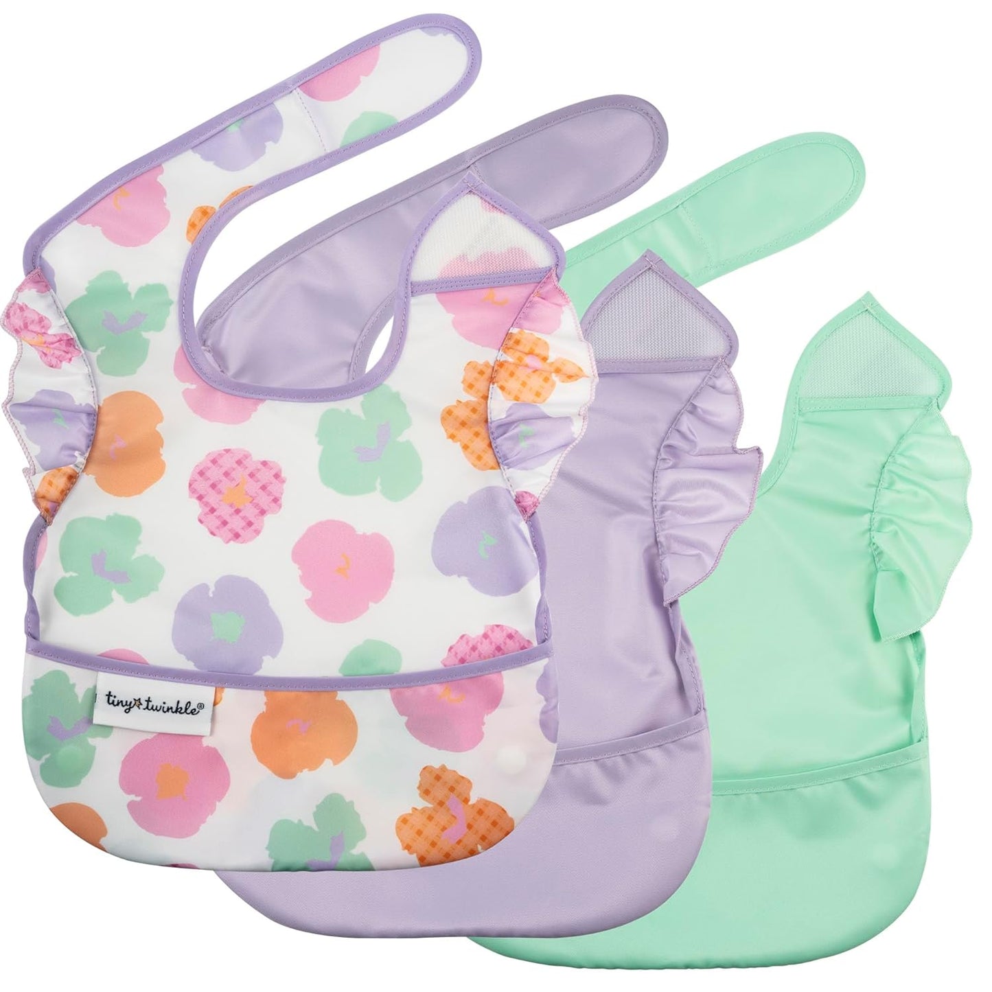Tiny Twinkle Mess-Proof Baby Bib - Waterproof Bib for Baby Girl - Machine Washable - Adjustable Closure - PVC, BPA, & Phthalate Free - Great for Travel - Baby Food Bibs (3 Pack, Floral Pop)