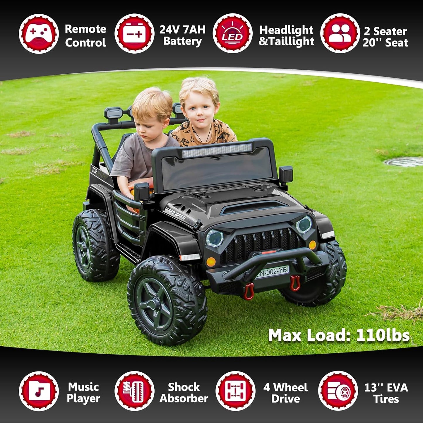 24V 2 Seater Ride On Truck with Remote Control 4WD Electric Car for Kids Ride On Car Battery Powered Ride On Toy Car with Music Player, LED Lights, Bluetooth, Rear Shock Absorber, Black
