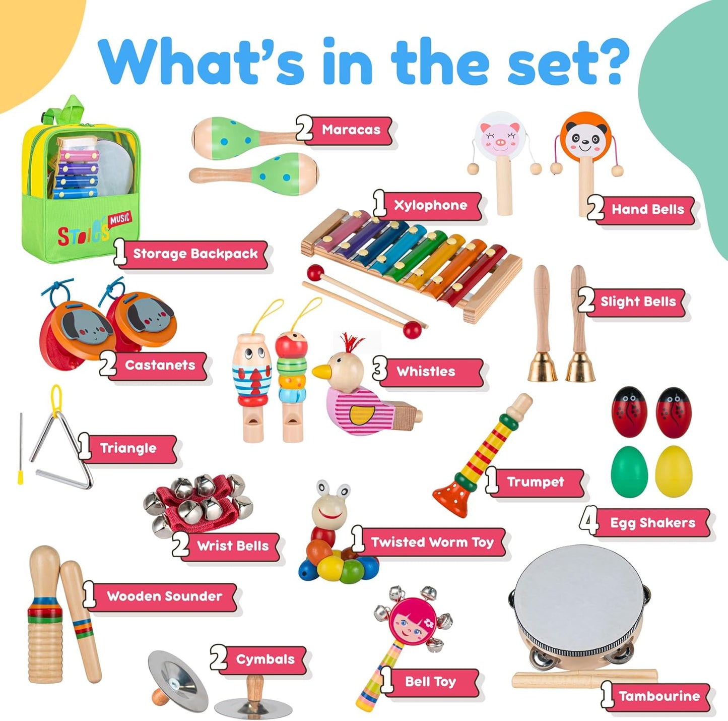 Stoie's Wooden Kids Musical Instruments for 1-5 Years Old, Baby Percussion Toys with Xylophone, Maracas, Tambourine, Durable, Safe to Play, Clear Loud Sound, Bright Rainbow Colors, Storage Backpack