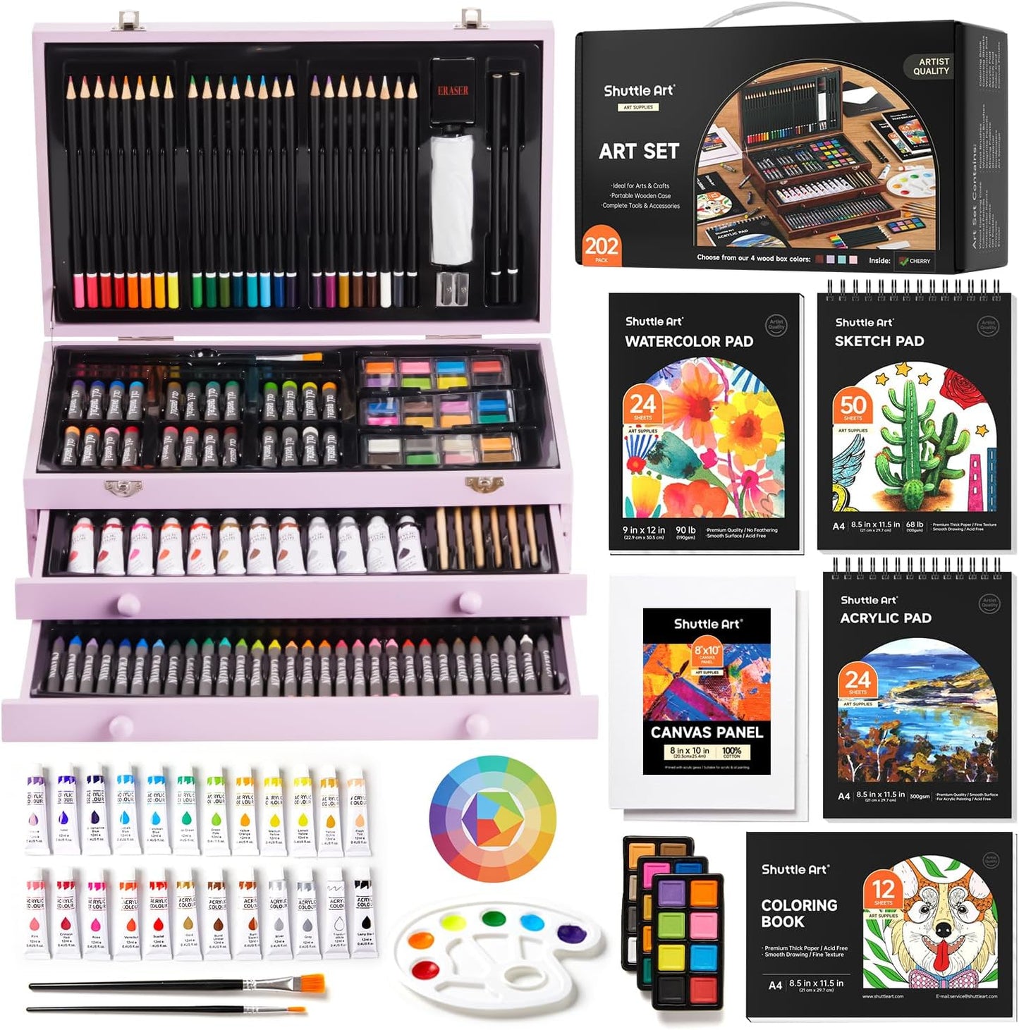 Shuttle Art Deluxe Gift Art Kit, 202-Piece Wooden Art Supplies Set with 4 Drawing Pads, Canvases, Coloring Sheets, Acrylic Paint, Crayons, Oil Pastels, Colored Pencils for Kids