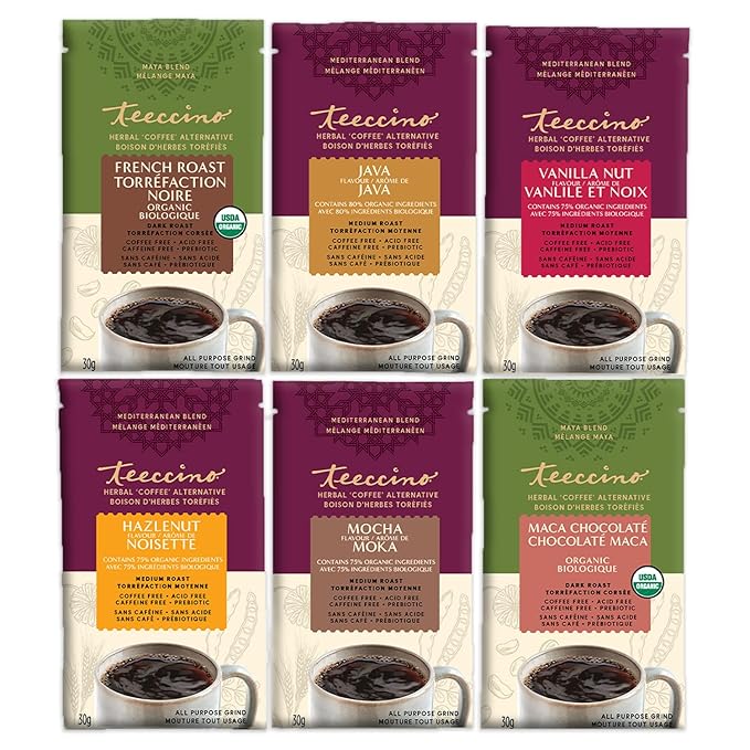 Teeccino Herbal Coffee Sampler - 6 x 30g Trial Size Chicory Coffee Alternatives - French Roast, Vanilla Nut, Hazelnut, Mocha, Maca Chocolate, Java – Prebiotic, Caffeine Free & Acid Free