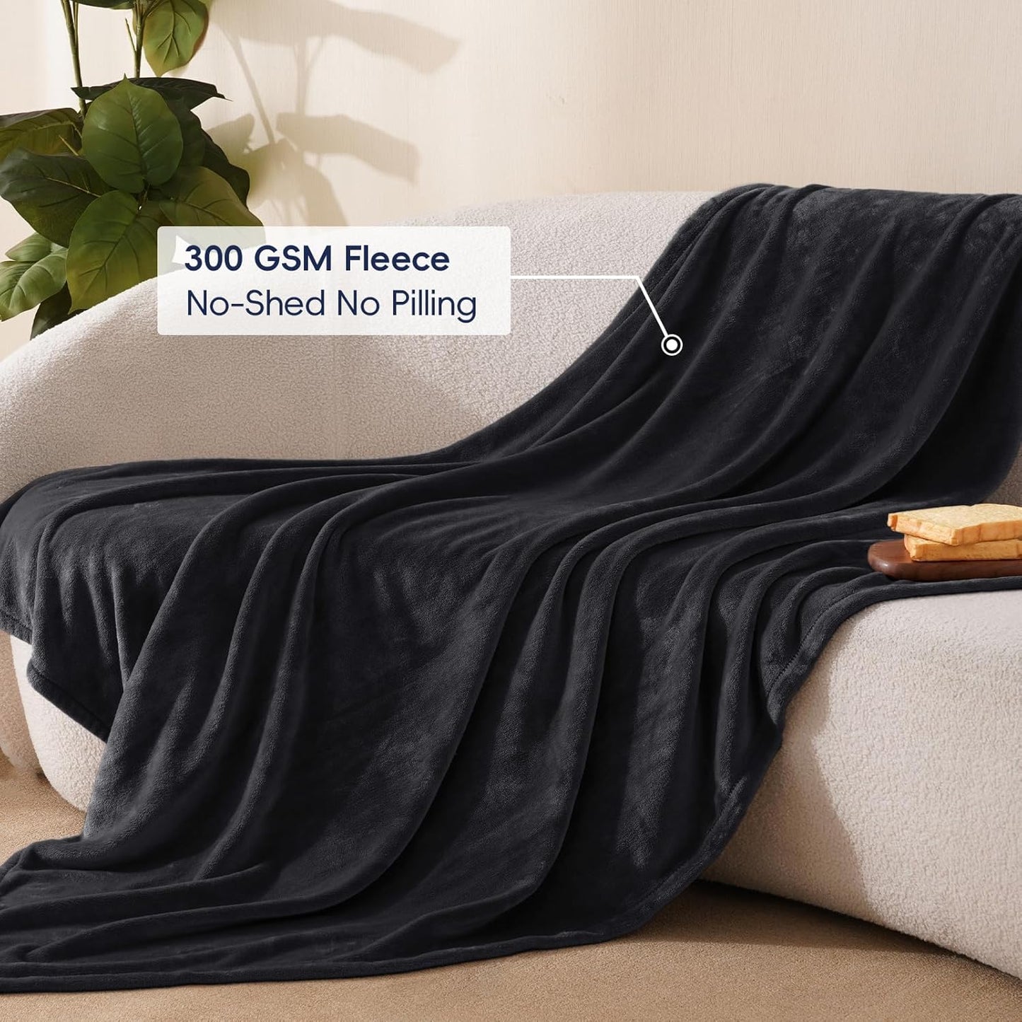 PHF Ultra Soft Fleece Throw Blanket, No Shed No Pilling Luxury Plush Cozy 300GSM Lightweight Blanket for Bed, Couch, Chair, Sofa Suitable for All Season, 50" x 60", Black