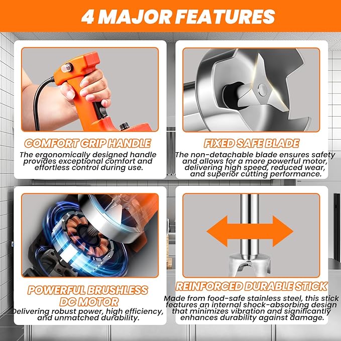 750W Commercial Immersion Blender Brushless DC Motor Hand Held Blenders Heavy Duty Variable Speed Mixer with 21 Inch Removable Shaft 50-Gallon Capacity Multifunction Pro