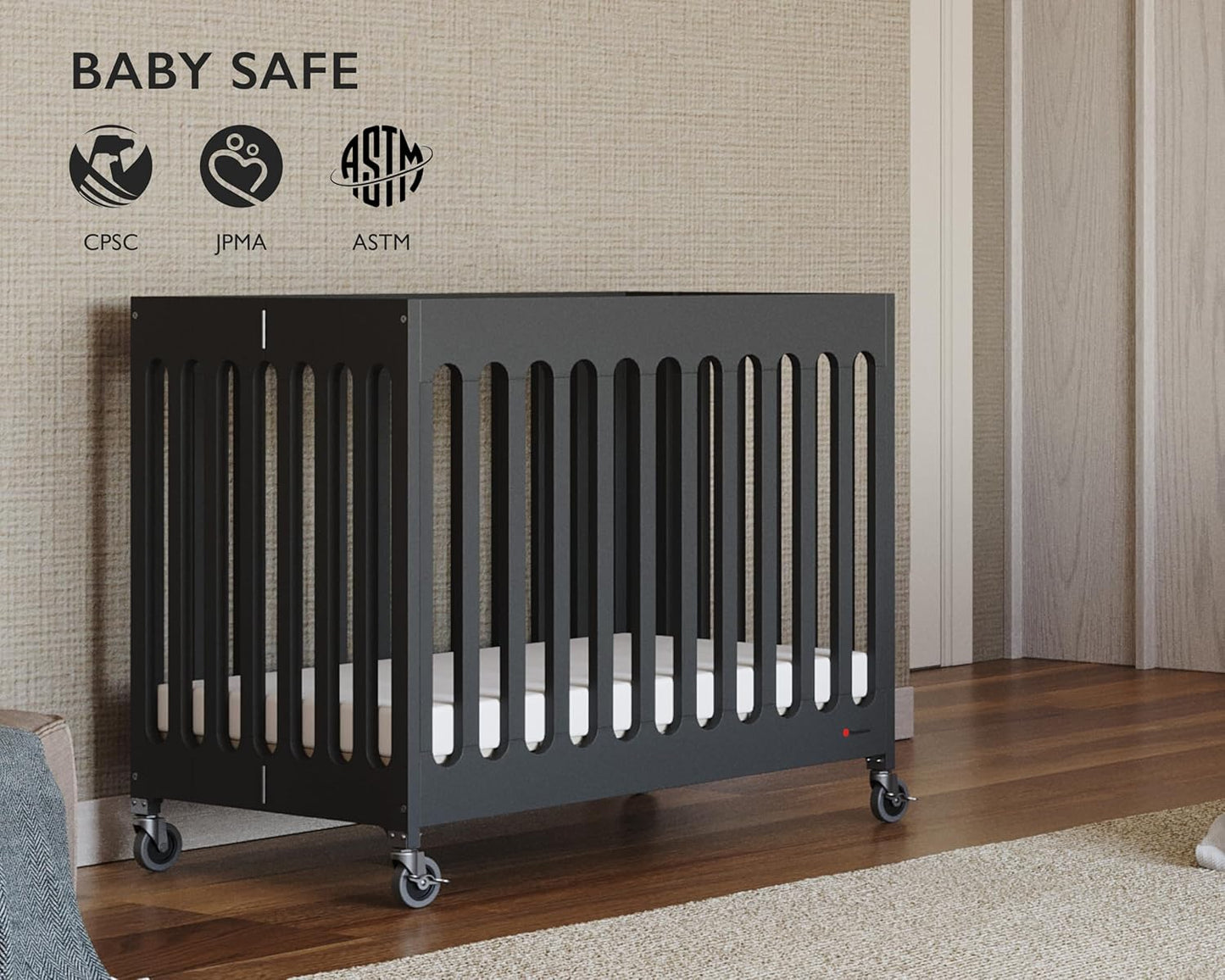 Foundations Boutique Folding Mini Baby Crib - Compact, Portable, Wooden Hotel Crib, Foldable Compact Cribs for Baby & Toddlers - Includes 3" Foam Mattress - Ebony