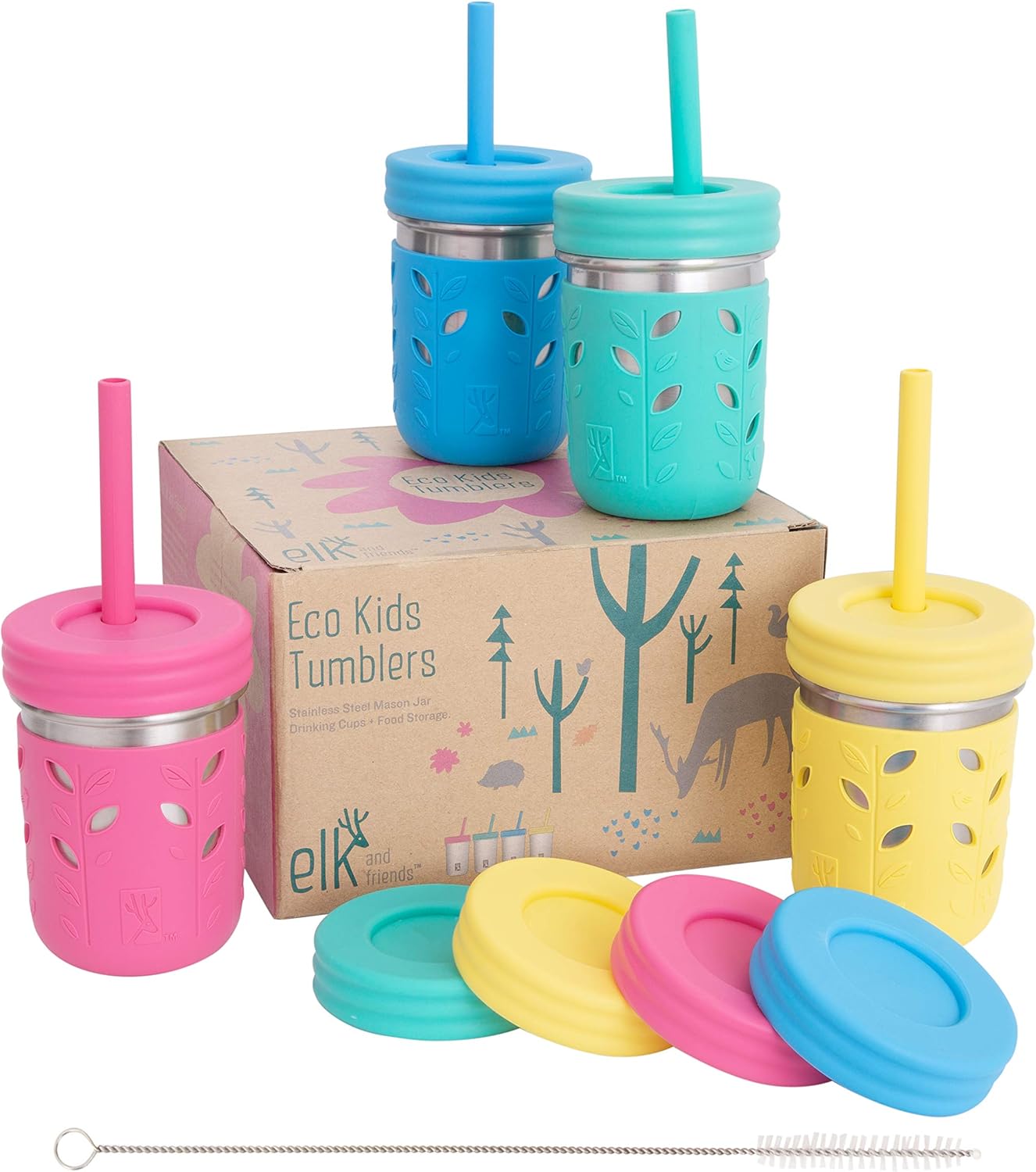 Elk and Friends 10oz Stainless Steel Kids + Toddler Drinking Cups | The Original Mason Jars with Lids + Sleeves + Straws | Smoothie Cups | Spill Resistant | Dishwasher Safe | 4 Pack