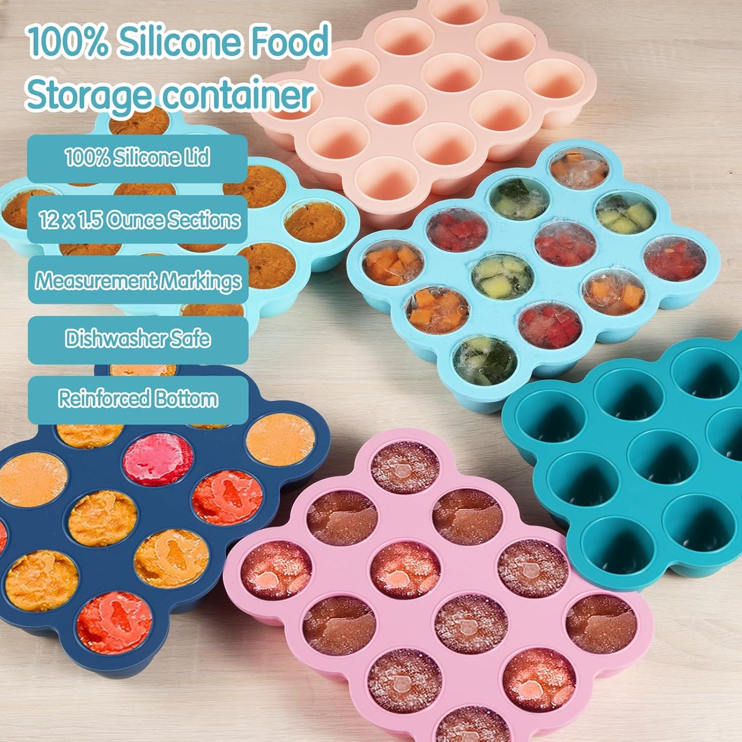 Baby Food Storage Container - 12 x 1.5OZ Freezer Tray With Cover, Food Grade Silicone Container for Homemade Baby Food, Vegetables