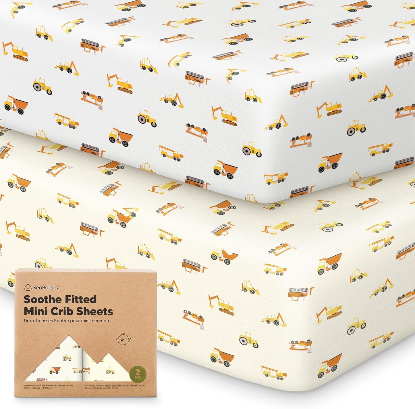 2-Pack Mini Crib Sheets Fitted - 38x26 Pack N Play Sheets for Pack and Play Mattress, Organic Cotton, Soft & Breathable Playard Bedding, Neutral Mini Toddler Bed Cover for Boys, Girls (Construction)