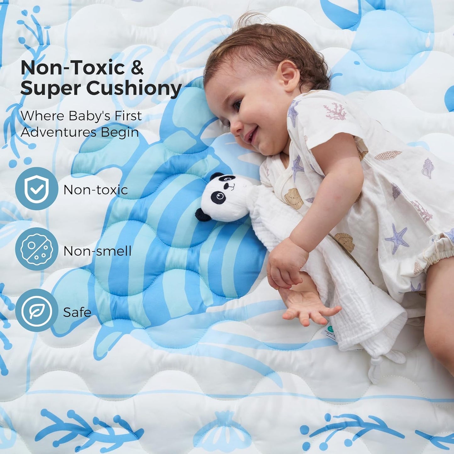 Momcozy Baby Play Mat for Floor, 50x50 Thickened Playpen Mat, Playmate for Baby Tummy Time, Waterproof & Non-Slip, Foldable Outdoor Mat with Carrying Handle, Ocean Theam