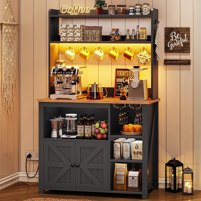 Itaar 35.4 inch Coffee Bar Cabinet, Bakers Rack with Power Outlet and Storage, Farmhouse Microwave Stand Kitchen Cabinet with Hutch, LED Lights, Wine Glass Holder and 8 Hooks, Black