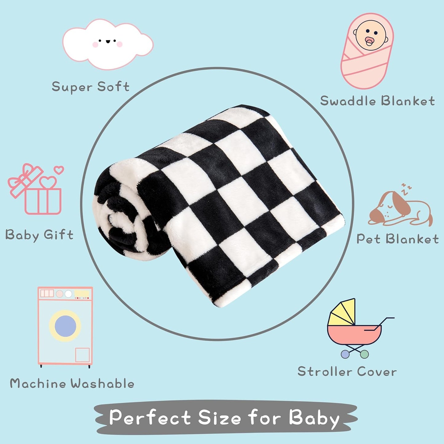 Yurhap Checkered Baby Blanket Fleece Baby Blankets for Boys Girls, Ultra Soft Cozy Fluffy Infant Toddler Newborn Receiving Blankets for Crib Stroller, 30''x40'', Black