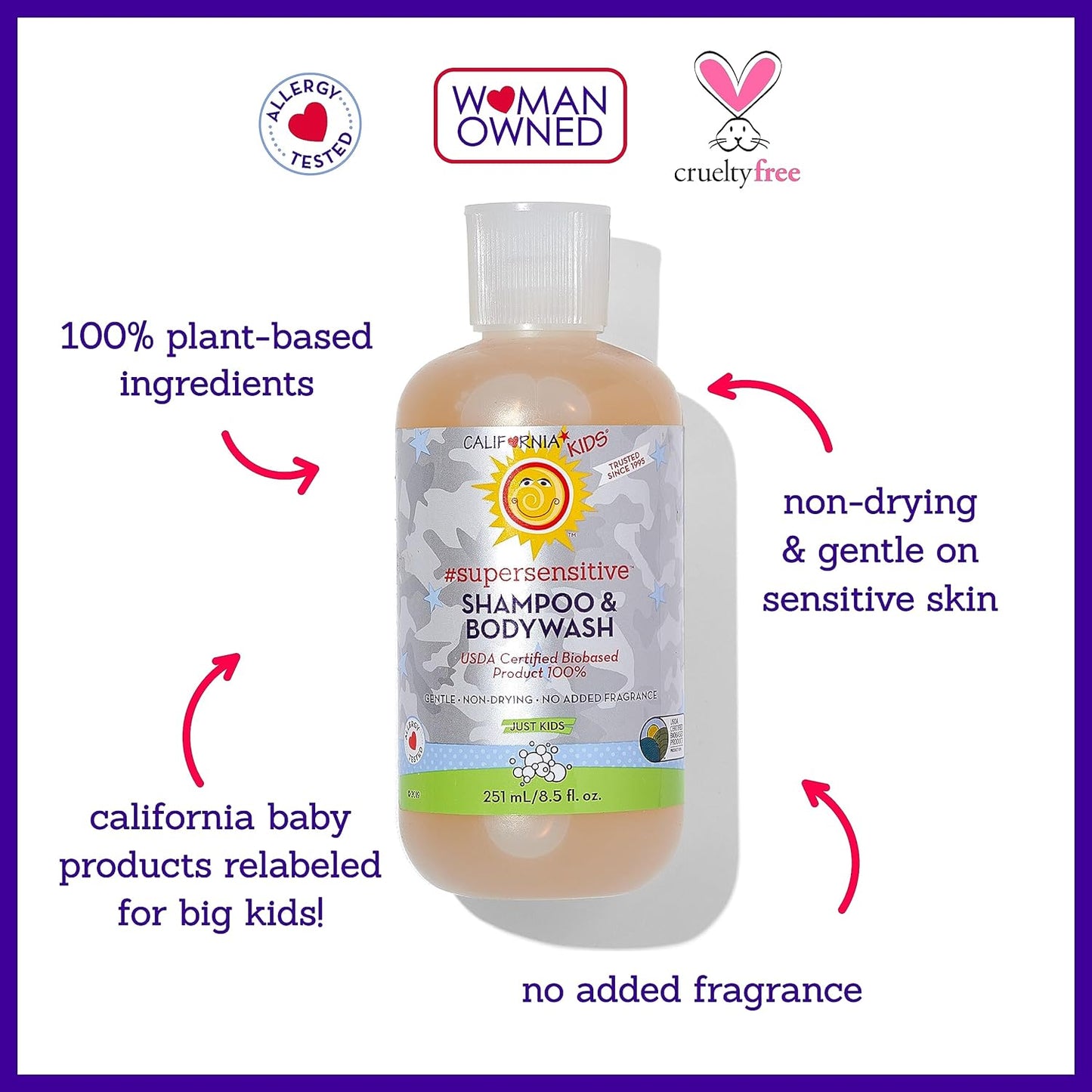 California Kids Super Sensitive Unscented Shampoo and Bodywash | 100% Plant-Based | Gentle Skincare | Fragrance Free | Hypoallergenic | 251 mL / 8.5 fl. oz.
