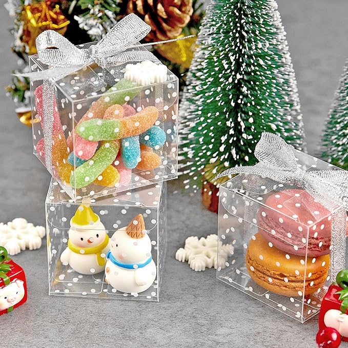 Ocmoiy 2x2x2 Inches Macaron Boxes for 2, White Polka Dot, 50 PCS Small Clear Favor Cube Boxes with Silver Ribbons for Wedding Baby Shower Birthday Party Supplies