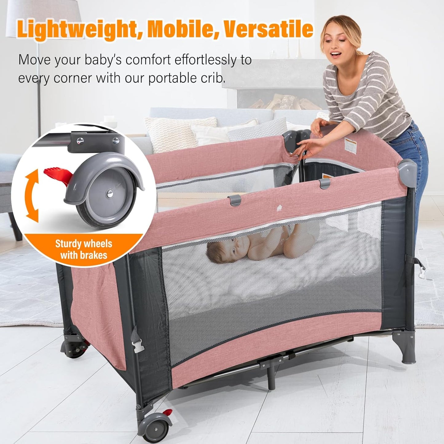 5 in 1 Baby Crib,Baby Bassinet, Bedside Cribs, Pack and Play with Changing Table, Portable Travel bedToys & Music Box,Mattress for Girl Boy Infant Newborn (Pink)