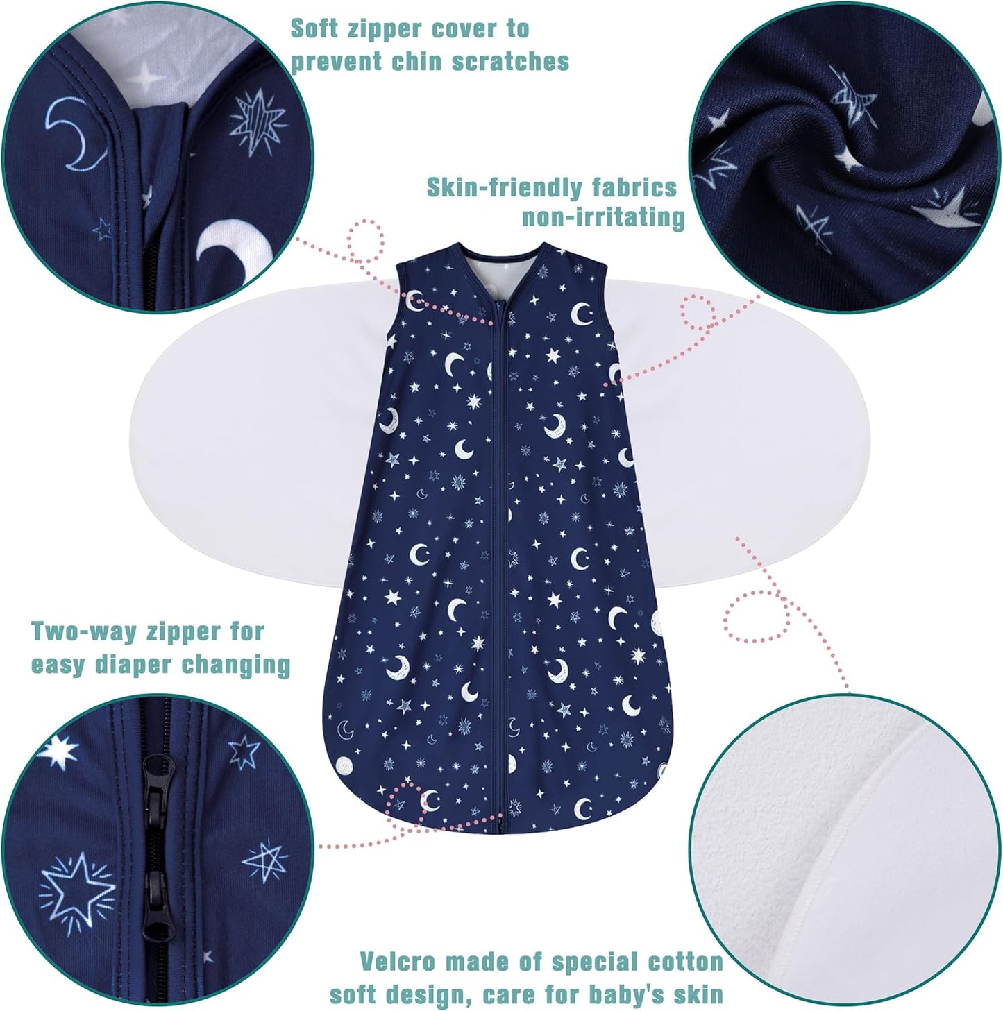 Newborn Sleep Sack Baby Swaddle,3-6 Months,3-Way Adjustable Wearable Blanket,100% Rayon Cotton Swaddling Sleeping Bag，TOG 0.5（Clouds&Starry Sky）