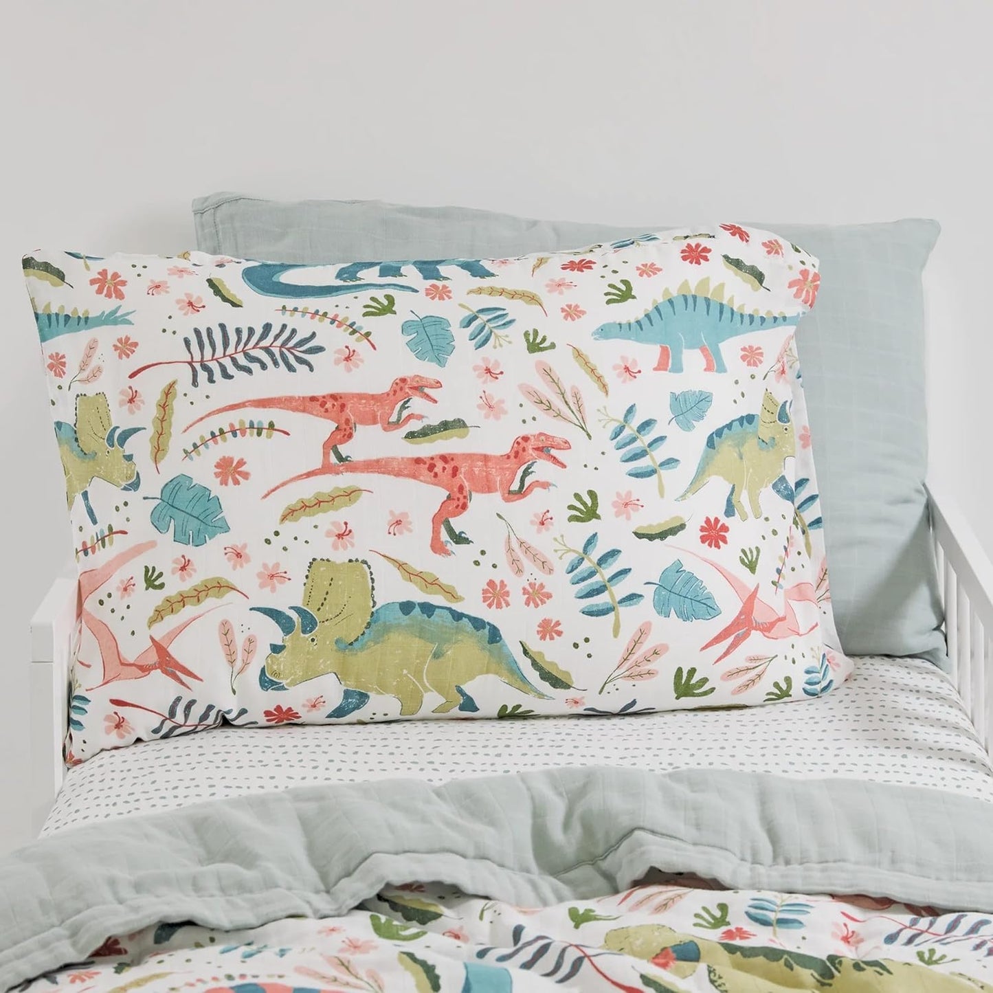 Little Unicorn Standard Pillowcase 2 Pack | Super Soft & Breathable Muslin Fabric | Snug Envelope Closure (Boho Dino)