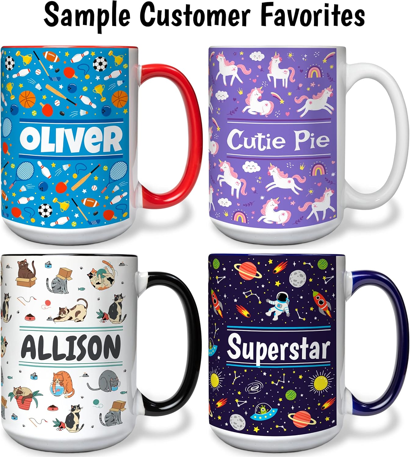 Personalized Mug for Kids - Outer Space - Custom Name/Text, Ceramic Hot Chocolate/Cocoa/Coffee Cup for Boys/Girls, Birthday/Christmas/Holiday Gift - 15 oz, White Handle