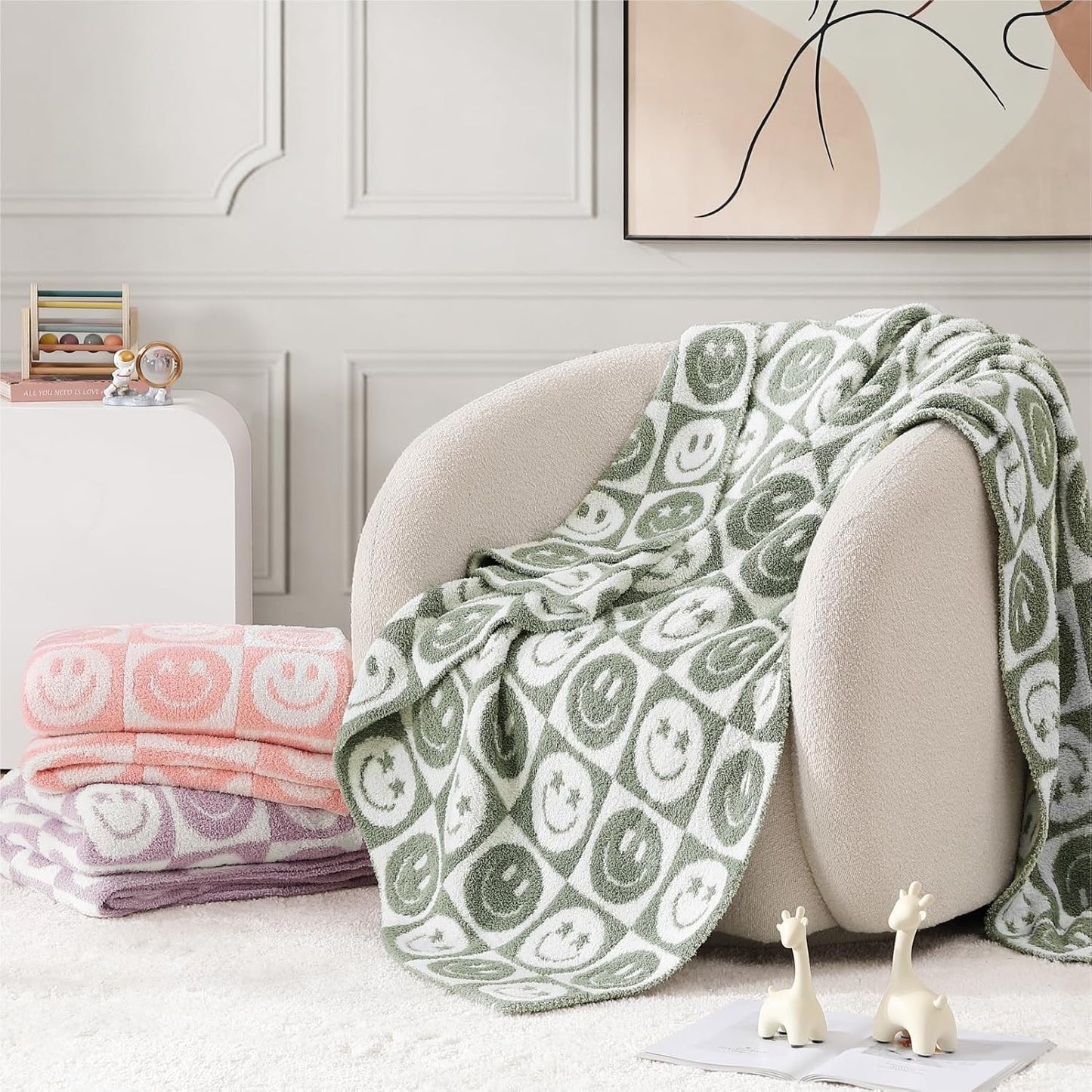 WRENSONGE Checkered Throw Blanket Seagrass Smiling Face Soft Cozy Fluffy Warm Hand Made Throw Blankets for Couch, Sofa, Chair, Bed, Camping, Picnic, Travel Lightweight Bed Blanket - 50"*60"