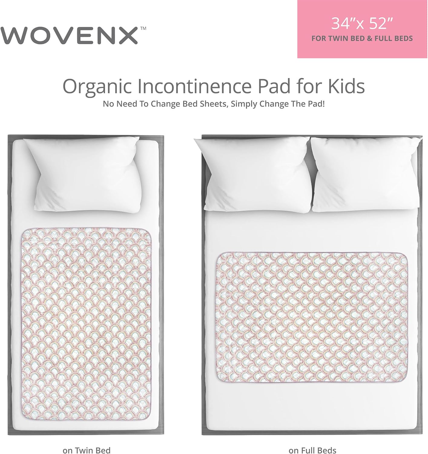 Organic Incontinence Pads for Kids & Toddlers - 5 Layer Waterproof Protectors for Overnight Bed Wetting - Reusable & Washable Pee Pads - Fits Twin to Full Size Beds - 34" x 52" Rainbow
