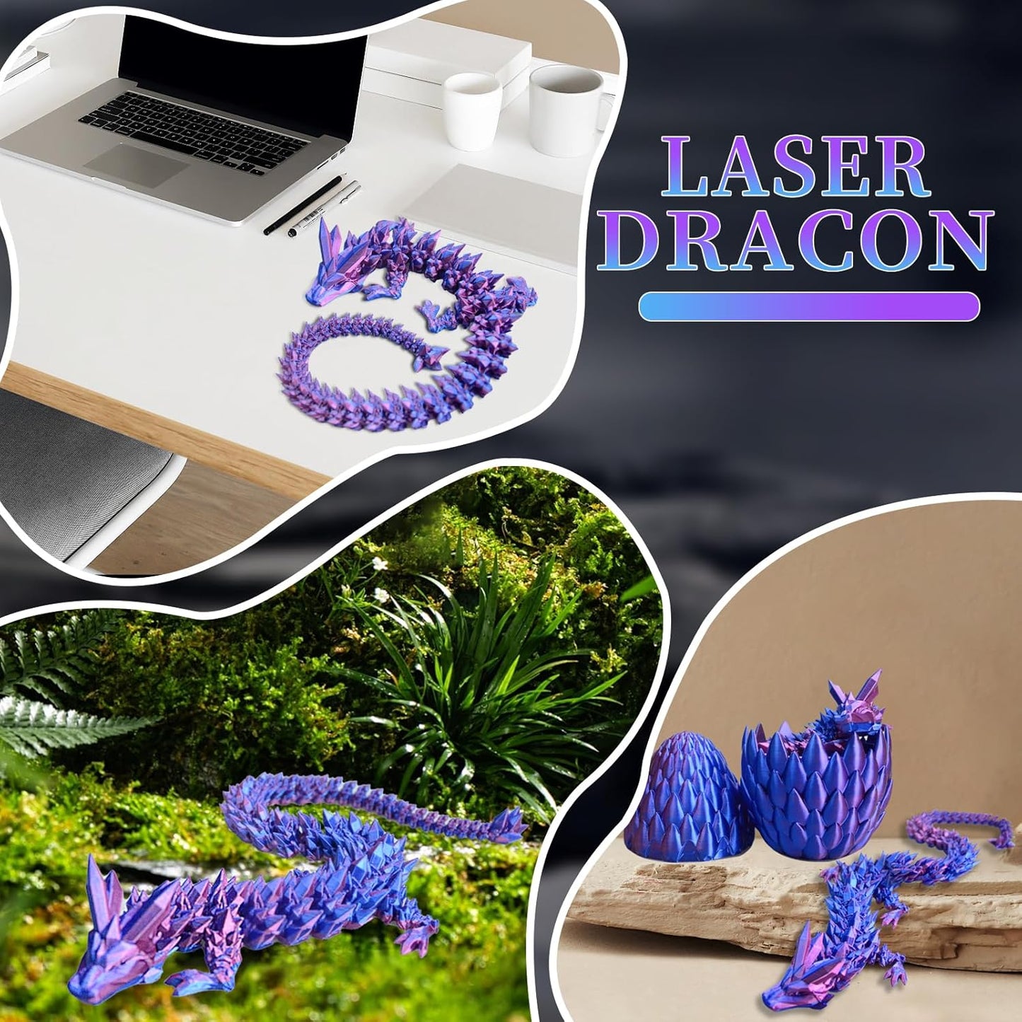 3D Printed Dragon Eggs with Dragon Inside Mystery Dragon Egg 3D Printed Articulated Dragon Articulated Dragon with Dragon Egg, Flexible Joints Home Decor Executive Desk Toys (Laser Purple