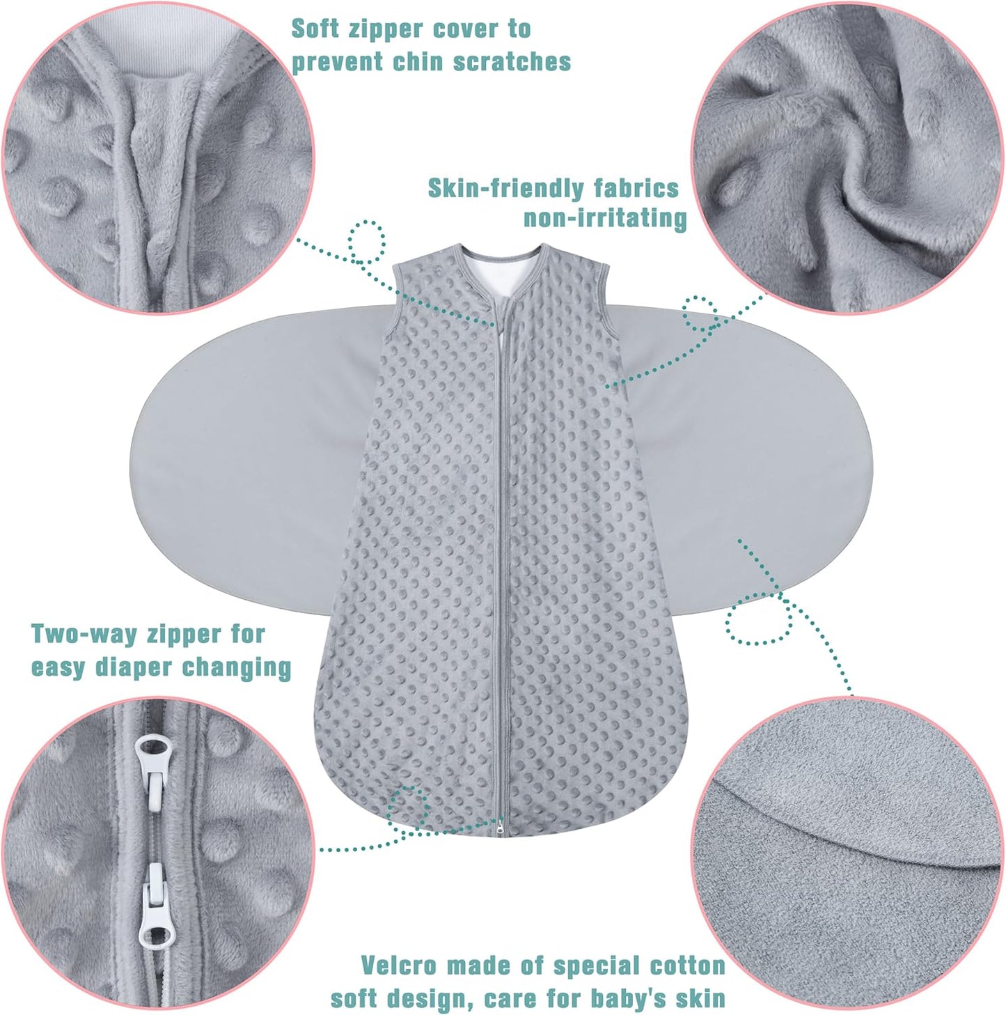 Fleece Newborn Sleep Sack Baby Swaddle,3-Way Adjustable Wearable Blanket,2 Pack Fleece Swaddling Sleeping Bag TOG 2.0， (Gray & Pink, 6-12 Months)