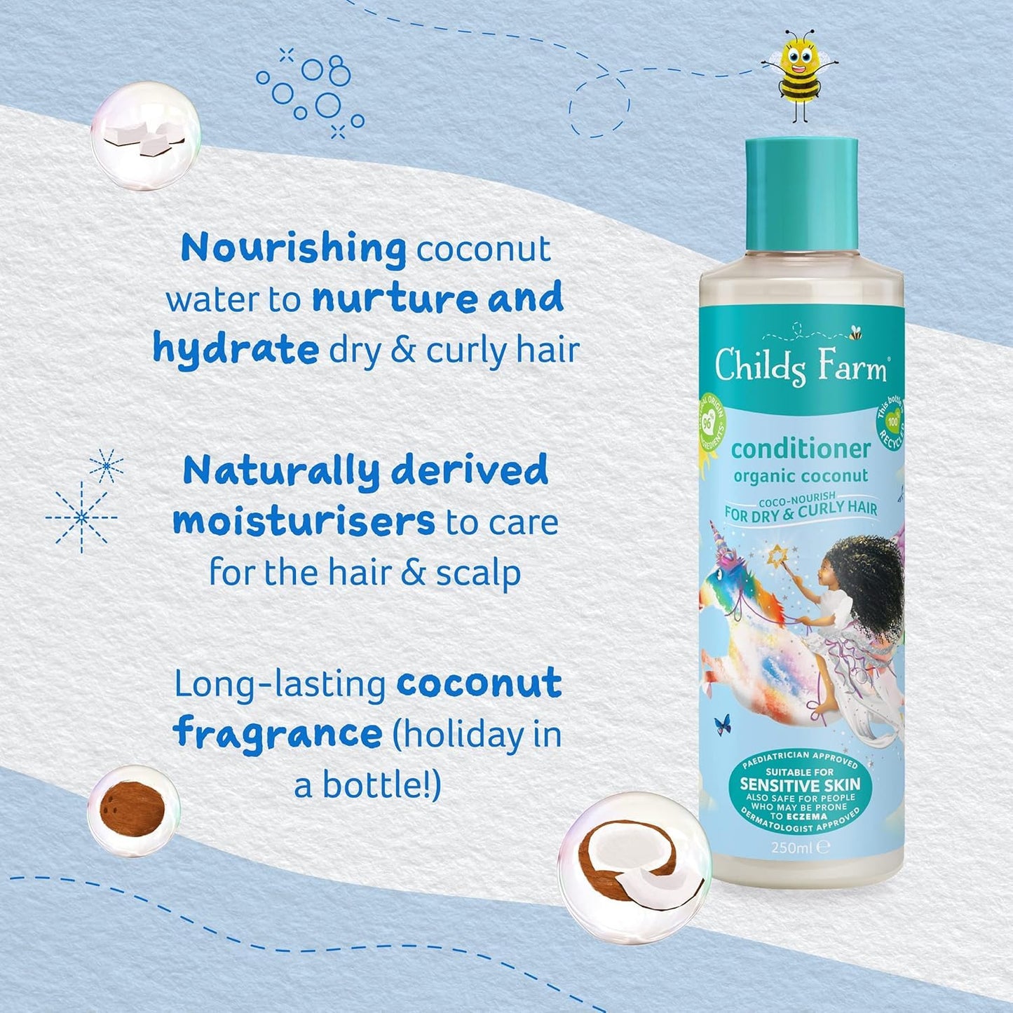 Childs Farm, Kids Coco-Nourish Leave in Conditioner, Organic Coconut ,Curly & Coily Hair, Conditions & Nourishes, Suitable for Dry, Sensitive & Eczema-Prone Skin & Scalp, 4.2 Fl Oz