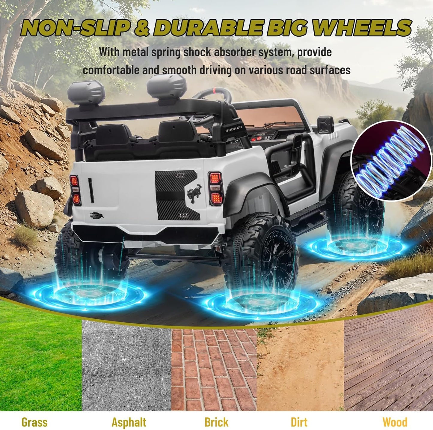 ENYOPRO 24V Ride On Toys for Big Kids, Licensed Ford Bronco Raptor 2-Seater Electric Car w/Remote Control, 21" Spacious Seat, 2x90W Powerful Motor, Spring Suspension, Bluetooth Music, 3 Speed - White