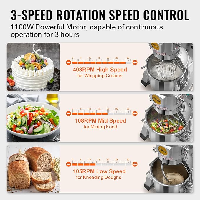 VEVOR Commercial Mixer 30Qt, Commercial Food Mixer Stainless Steel Bowl, 1100W Commercial Stand Mixer with 3 Speeds Adjustable, Dough Hook Whisk Beater Included, Perfect for Bakery Pizzeria, Silver