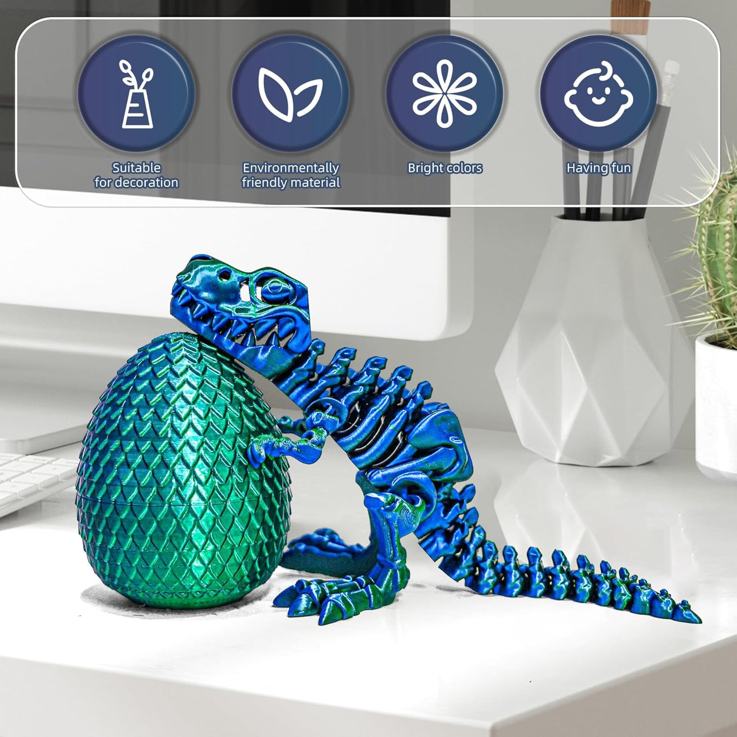 3D Printed Dinosaur with Bones - 10 inch Flexible T-Rex Skeleton with Bones, 3D Fidget Toy, Birthday Gift, Dragon Collection, Desk Executive Toy - Green