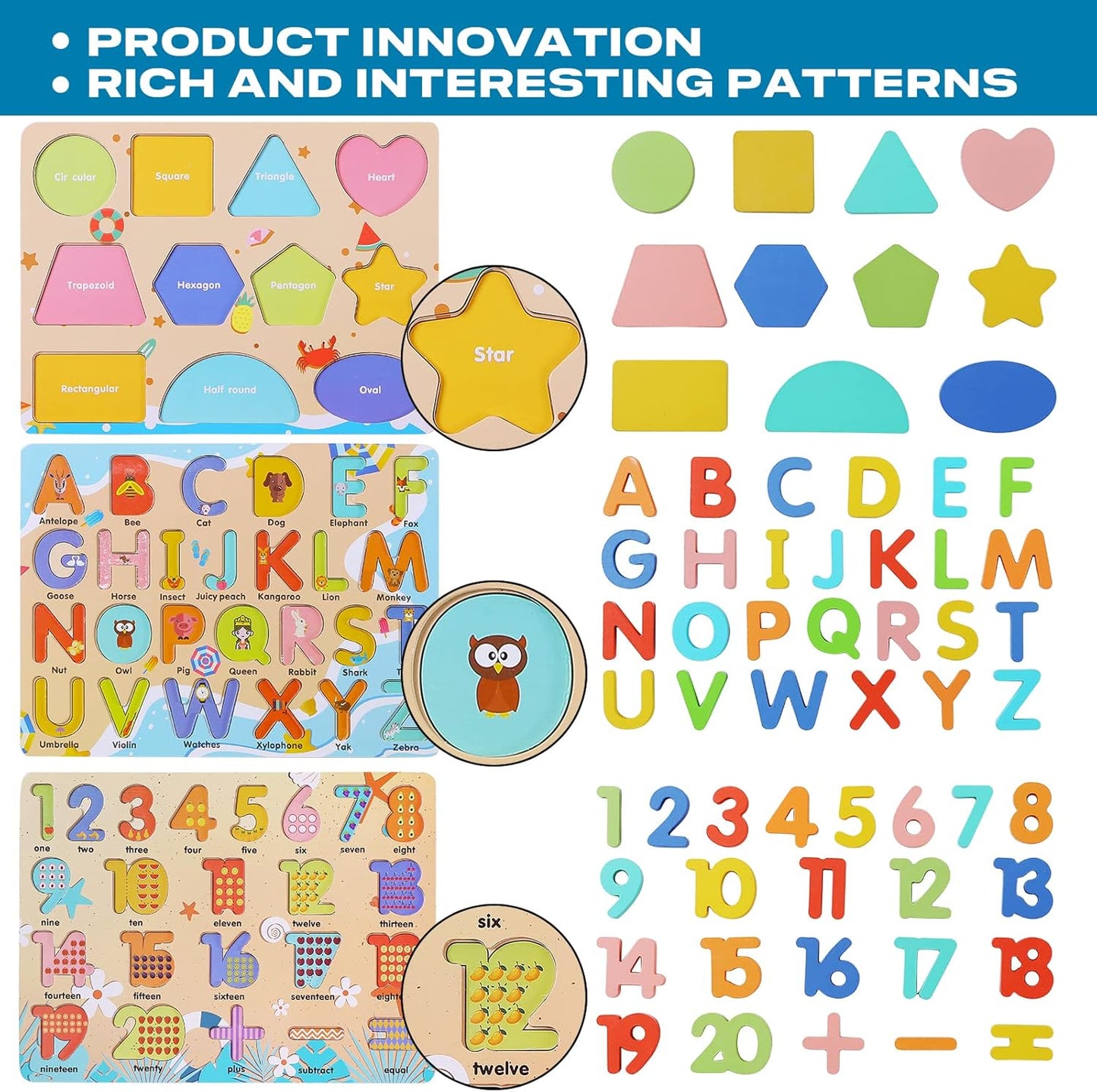 Wooden Puzzles for Toddlers, Voamuw Alphabet Number Shape Learning Education Preschool Toys for Kids Ages 3-6 Years Old (Set of 3)