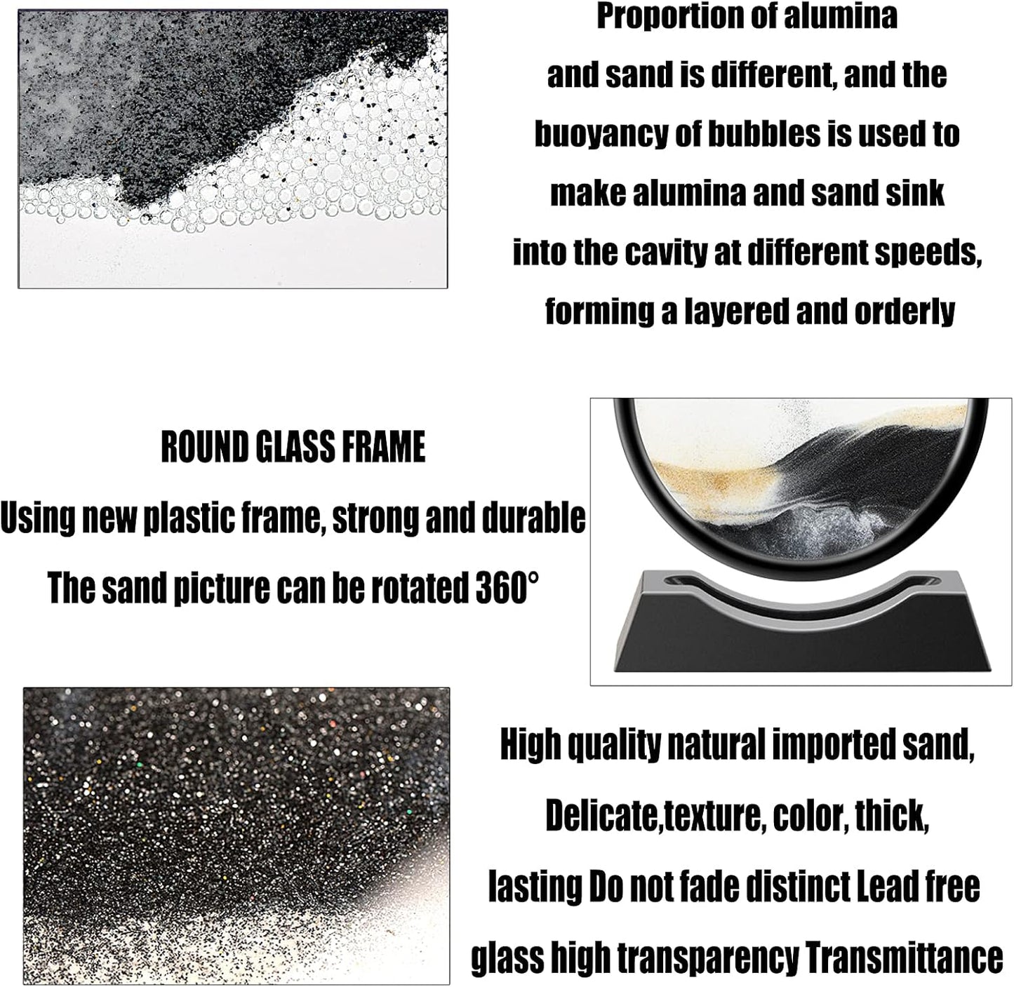 Liquid Motion Sandscape Round Moving Sand Art Sensory Toy Anxiety Fidget ADHD Relaxation Toy Home Office Desktop Decoration (Black, 7-in)