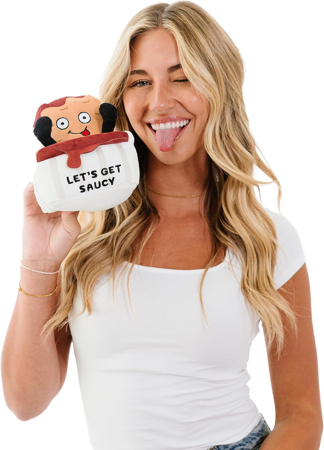 Chicken Nugget Foodie Plushie, Funny Pun Meme Gag Gift, White Elephant, Stocking Stuffer Present, Great for Emotional Support, Fun Desk Accessory, Weighted Base for Display