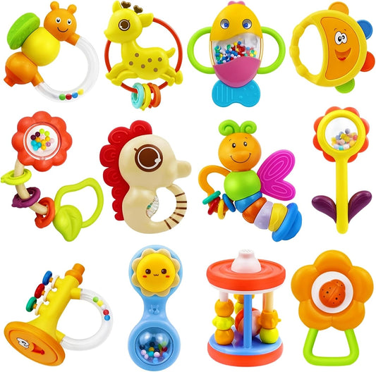 MOONTOY 12pcs Baby Rattles for Babies 0-6 Months Teething Toys 3-6 Months, Newborn Infant Teethers Baby Toys 6-12 Months, Montessori Baby Easter Basket Stuffers Gifts 1 2 3 4 5 6 7 9 10 Month Boy Girl