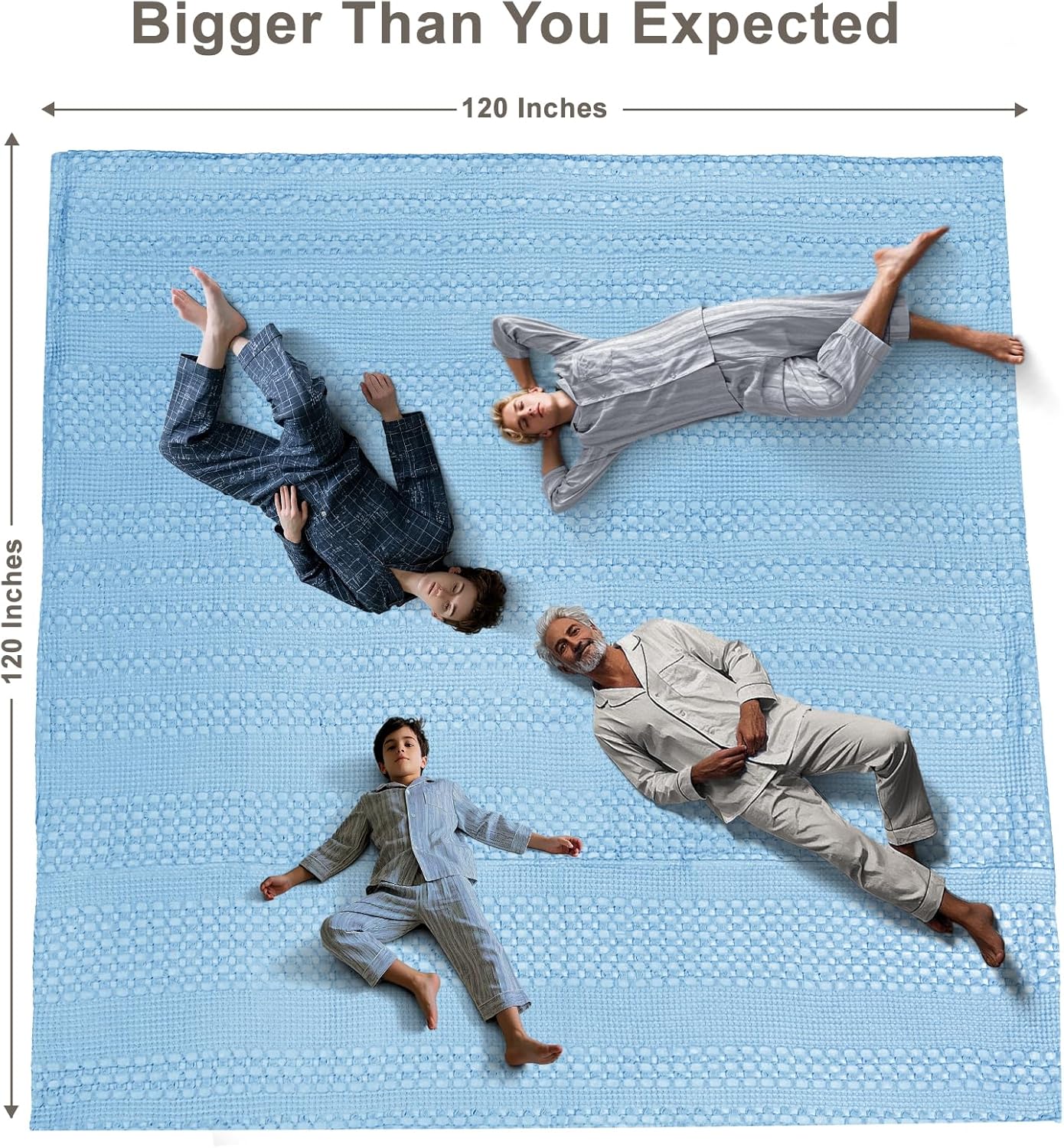 PHF 100% Cotton Waffle Blanket Oversized King 120"x120", Lightweight Breathable Extra Large 10'x10' Summer Blankets for Bed, Giant Big Luxury Aesthetic Woven Bedding for Home Decor, Sky Blue