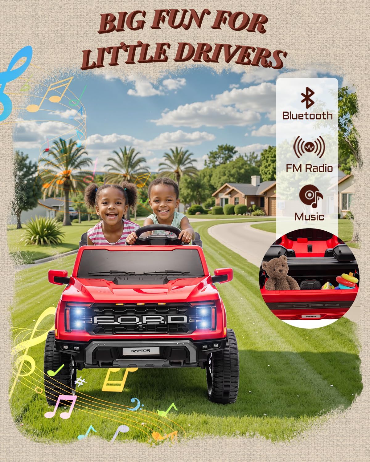 24V 2 Seater Ride on Toys for Kids, Licensed Ford F-150 Raptor Kids Electric Vehicles w/Remote Control, Power Pedal and Durable Wheels, LED Lights, Bluetooth, Truck Bed Storage (Red)