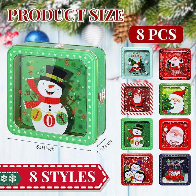Tioncy 8 Pcs Christmas Cookie Tins with Lids Large Cookie Boxes Metal Empty Tins Santa Tinplate Xmas Gift Box for Christmas Holiday Candies Treats Storage Container (Classic)