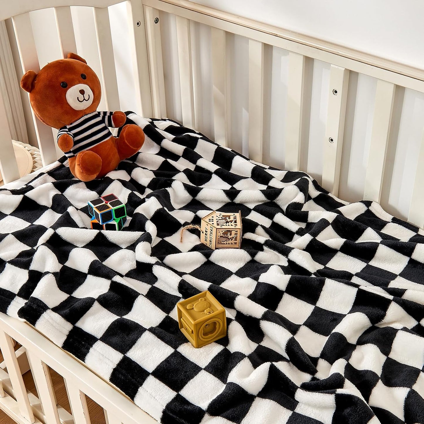 Yurhap Checkered Baby Blanket Fleece Baby Blankets for Boys Girls, Ultra Soft Cozy Fluffy Infant Toddler Newborn Receiving Blankets for Crib Stroller, 30''x40'', Black