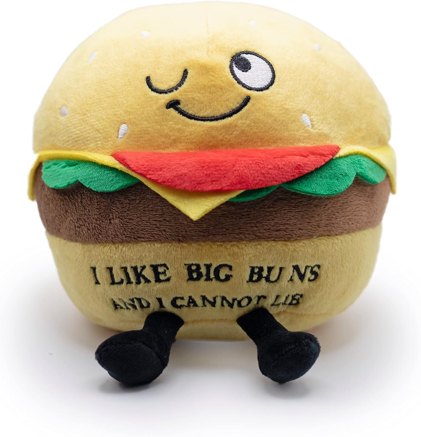 Hamburger Foodie Plushie, Funny Pun Meme Gag Gift, White Elephant, Stocking Stuffer Present, Great for Emotional Support, Fun Desk Accessory, Weighted Base for Display
