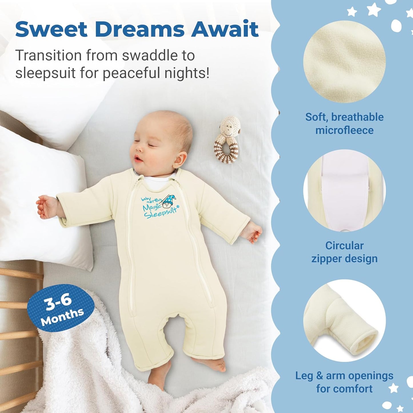 Magic Sleepsuit Baby Merlin's Microfleece Baby Swaddle Transition Product - Soft and Cozy Design, Double Zipper for Easy Diaper Changes, Promotes Safe Sleep, 3-6 Months - Cream - Small 12-18lbs