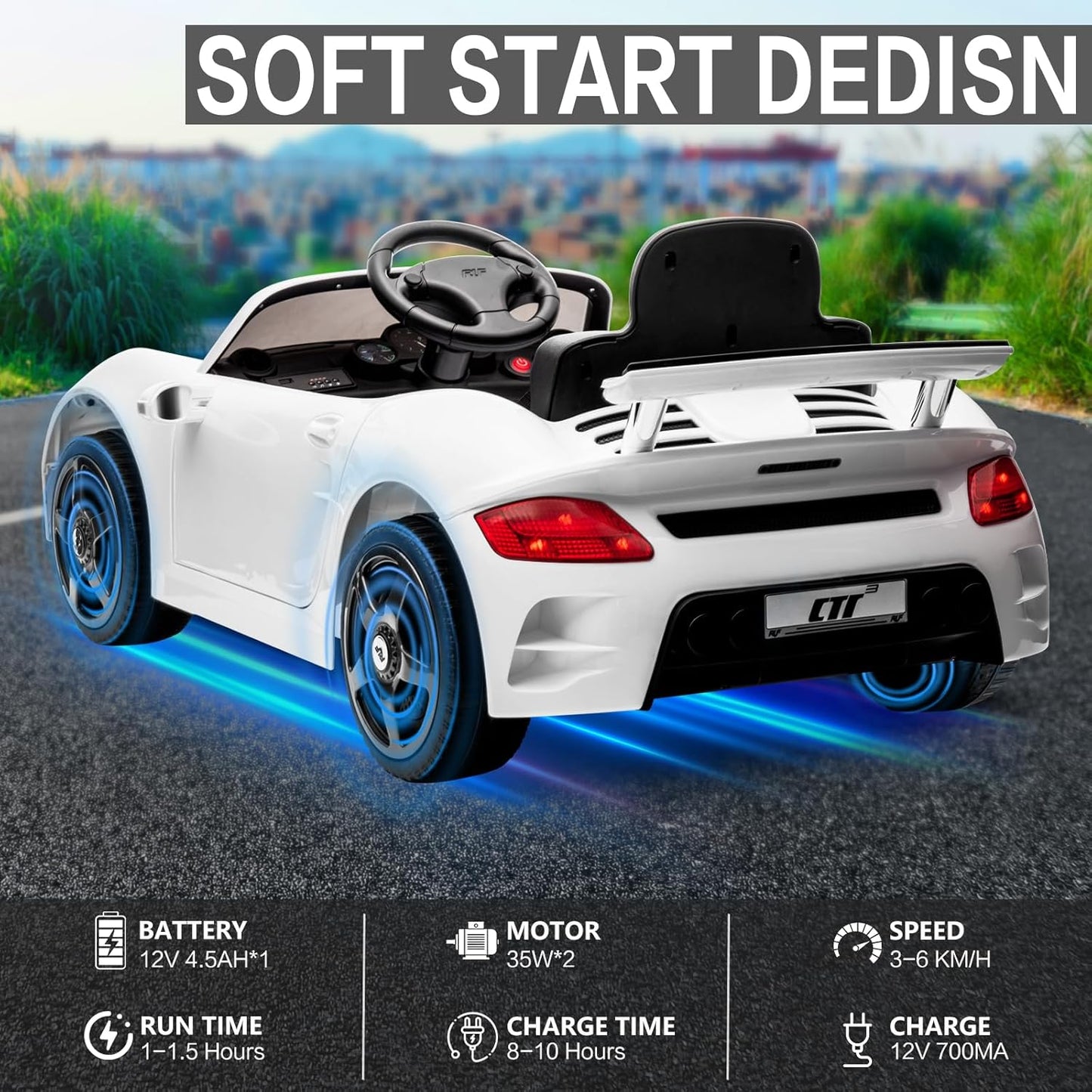 Licensed RUF CTR3 12V Kids Electric Car with Parent Remote Control, 2 Motors, 3 Speeds, LED Lights, MP3 Player | Battery Powered Ride-On Toy for Kids to Drive - White