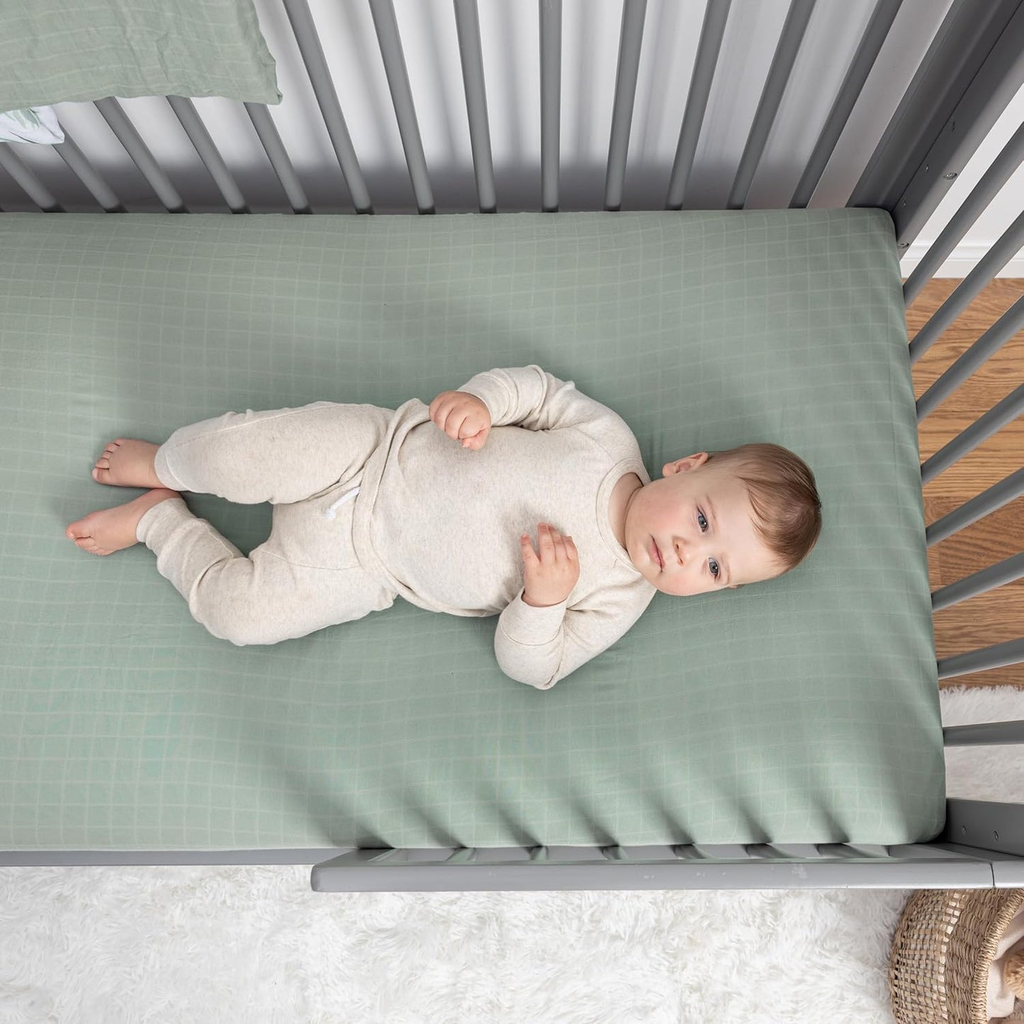 Organic Muslin Fitted Crib Sheet - Organic Crib Sheet for Standard Crib and Toddler Mattresses, Soft and Breathable, Solid Sage Green, Boho Baby, 28”x52”