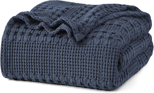PHF 100% Cotton Waffle Weave Blanket Queen Size, Soft Lightweight Breathable Cozy Summer Blankets for Bed, Luxury Aesthetic Woven Bedding for Home Decor, 90"x90", Dark Navy
