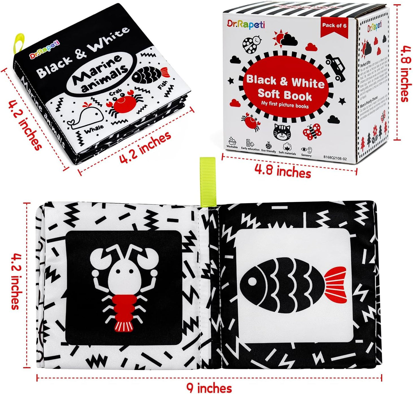 Dr.Rapeti Soft Cloth Books Baby Books Bath Books 6-Pack for Baby Infant Toddler Kids High Contrast Black and White Crinkle Washable Chewable Non-Toxic Early Educational Giftable