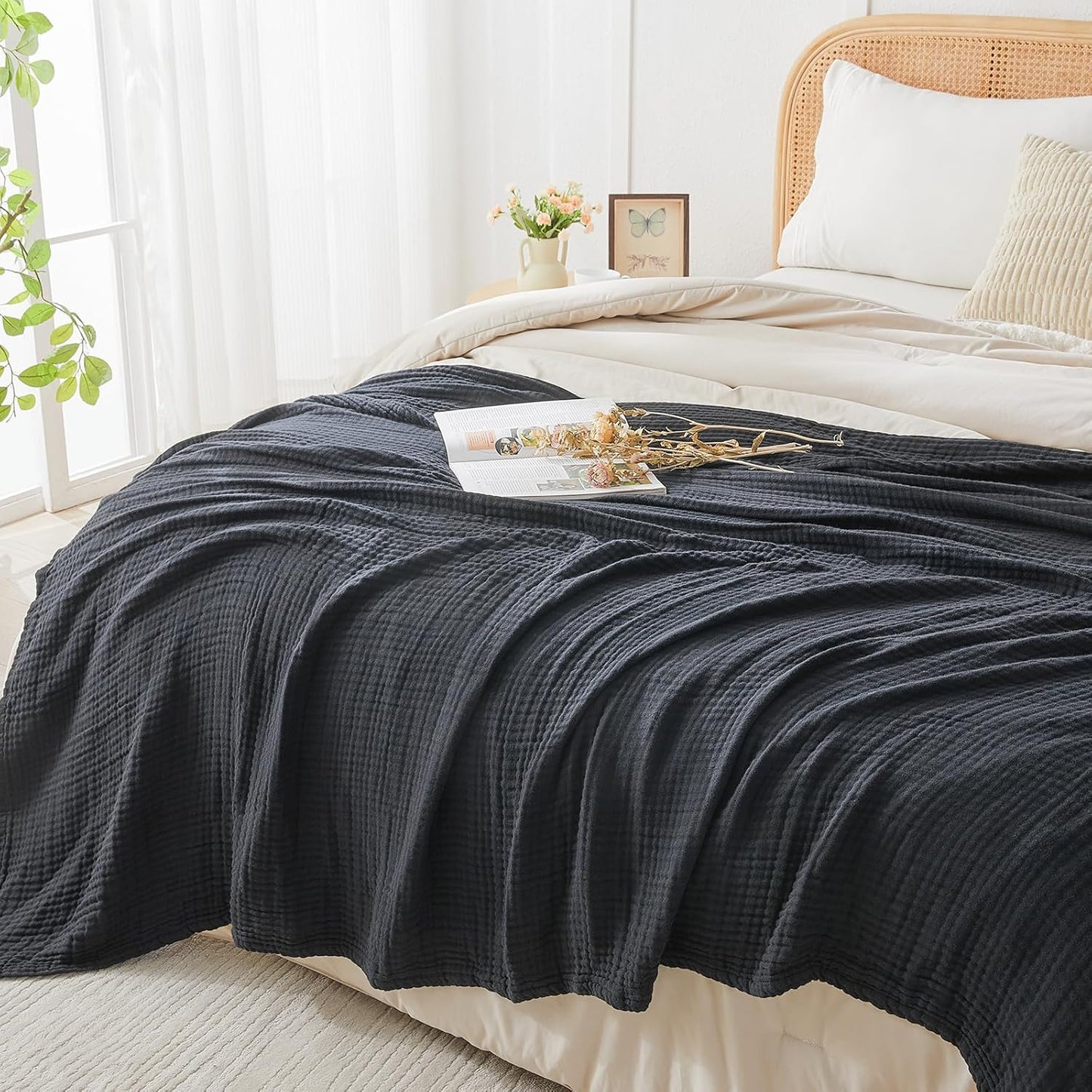 EMME Cotton Muslin Throw Blanket Couch Breathable Gauze Blanket Soft Lightweight Blankets Adults (Black, 50"x60")