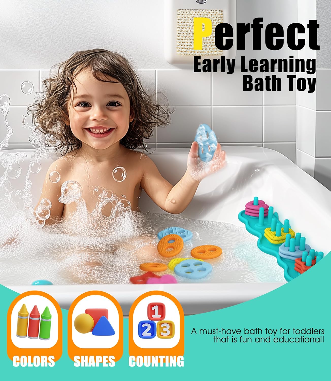 Baby Bath Toys Mold-Free Silicone Bath Toys, Sensory Shape Sorting & Stacking Set Includes 20 Floating Pieces, Early Learning Bathtub Toys for Toddlers