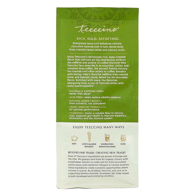 Teeccino Maca Chocolaté Chicory Coffee Alternative - Ground Herbal Coffee That’s Prebiotic, Caffeine Free & Acid Free, Dark Roast, 11 Ounce (Pack of 3)